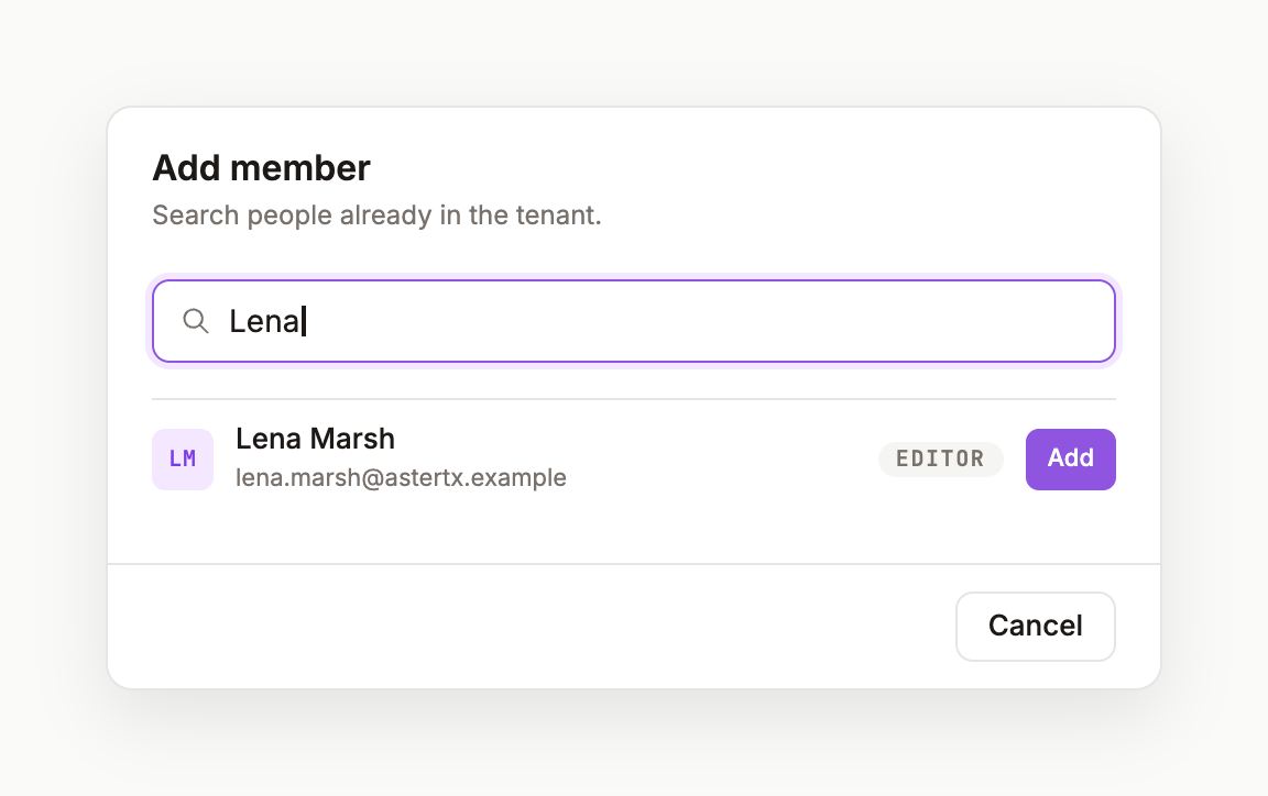 The Add member dialog with a tenant user search
