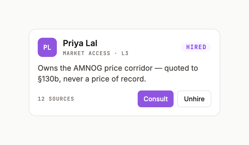 An agent card in the hired state with Consult and Unhire buttons