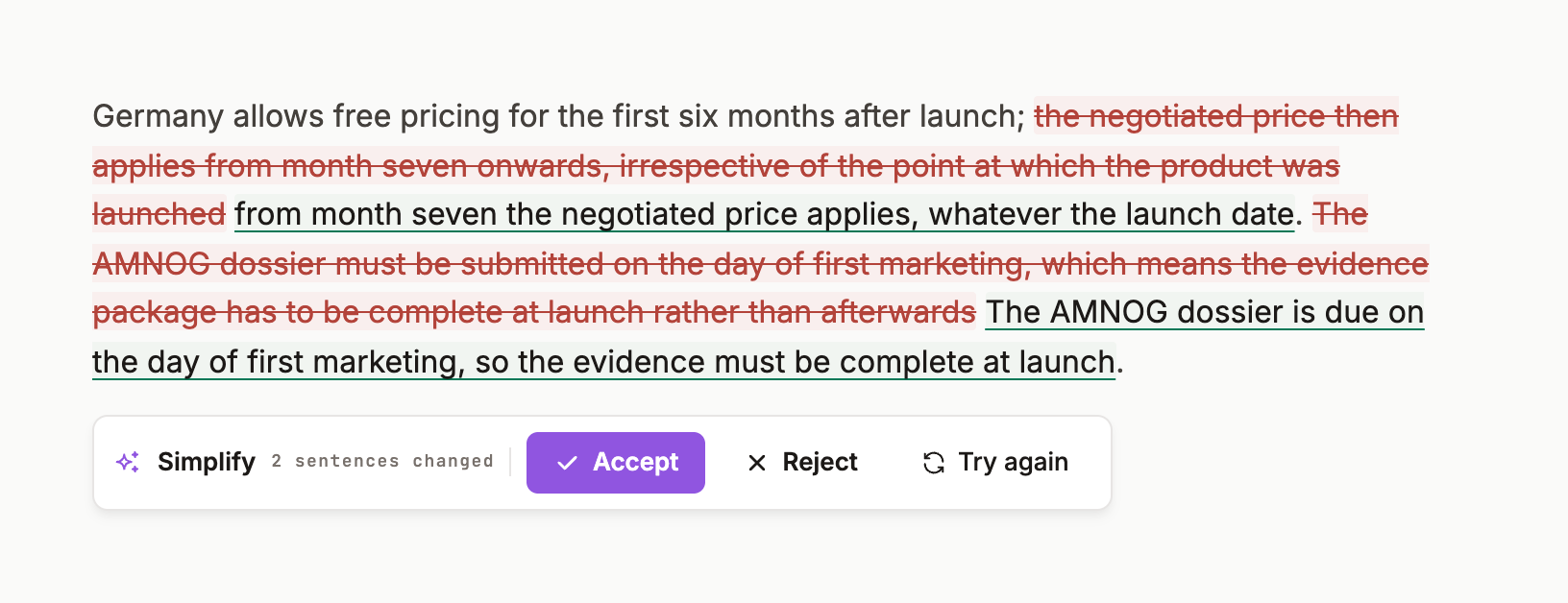An inline diff on a paragraph with the Accept / Reject / Try again review card