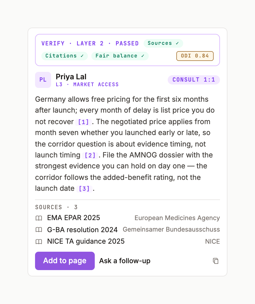 An answer card from a specialist with citation chips and the verification ribbon