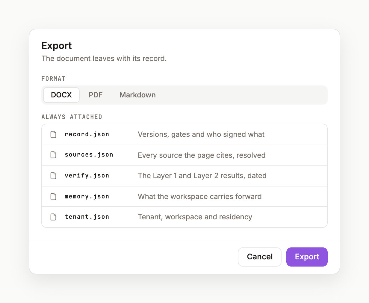 The export dialog with format choice and the companion list