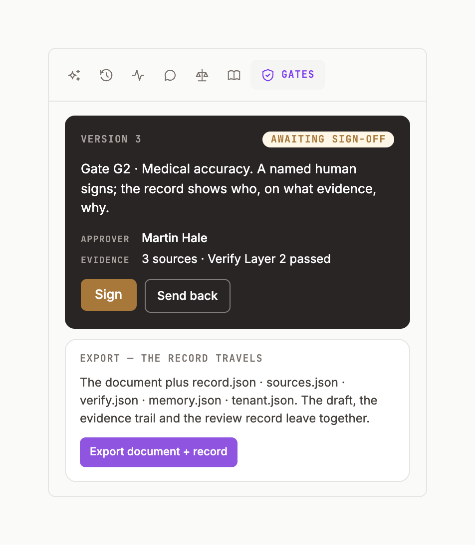 The Gates tab with the version awaiting sign-off and the export card
