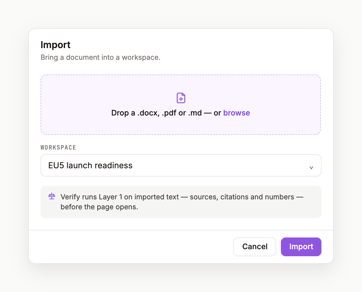 The import dialog with a drop zone and workspace selector
