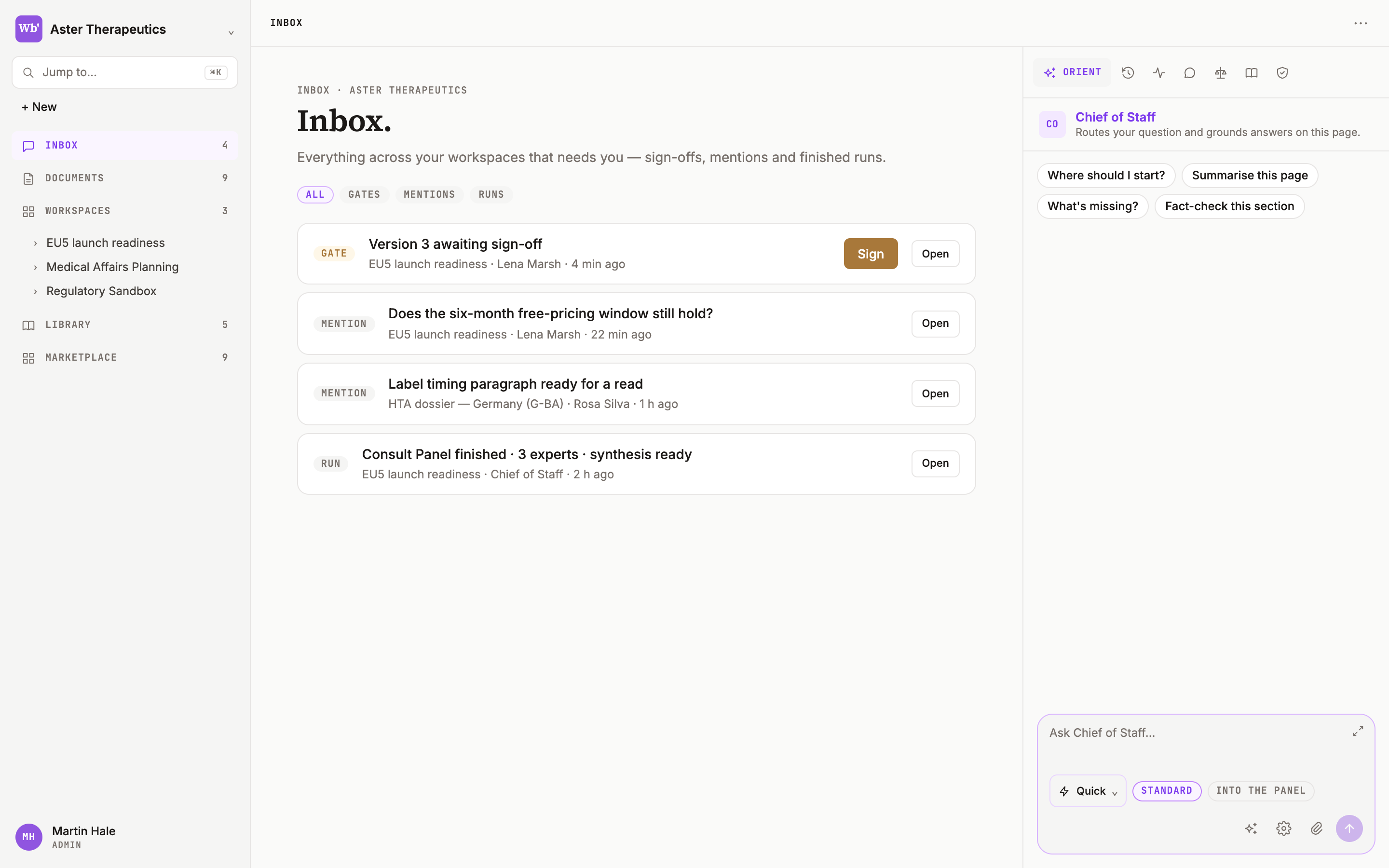 The Inbox with gates, mentions and runs