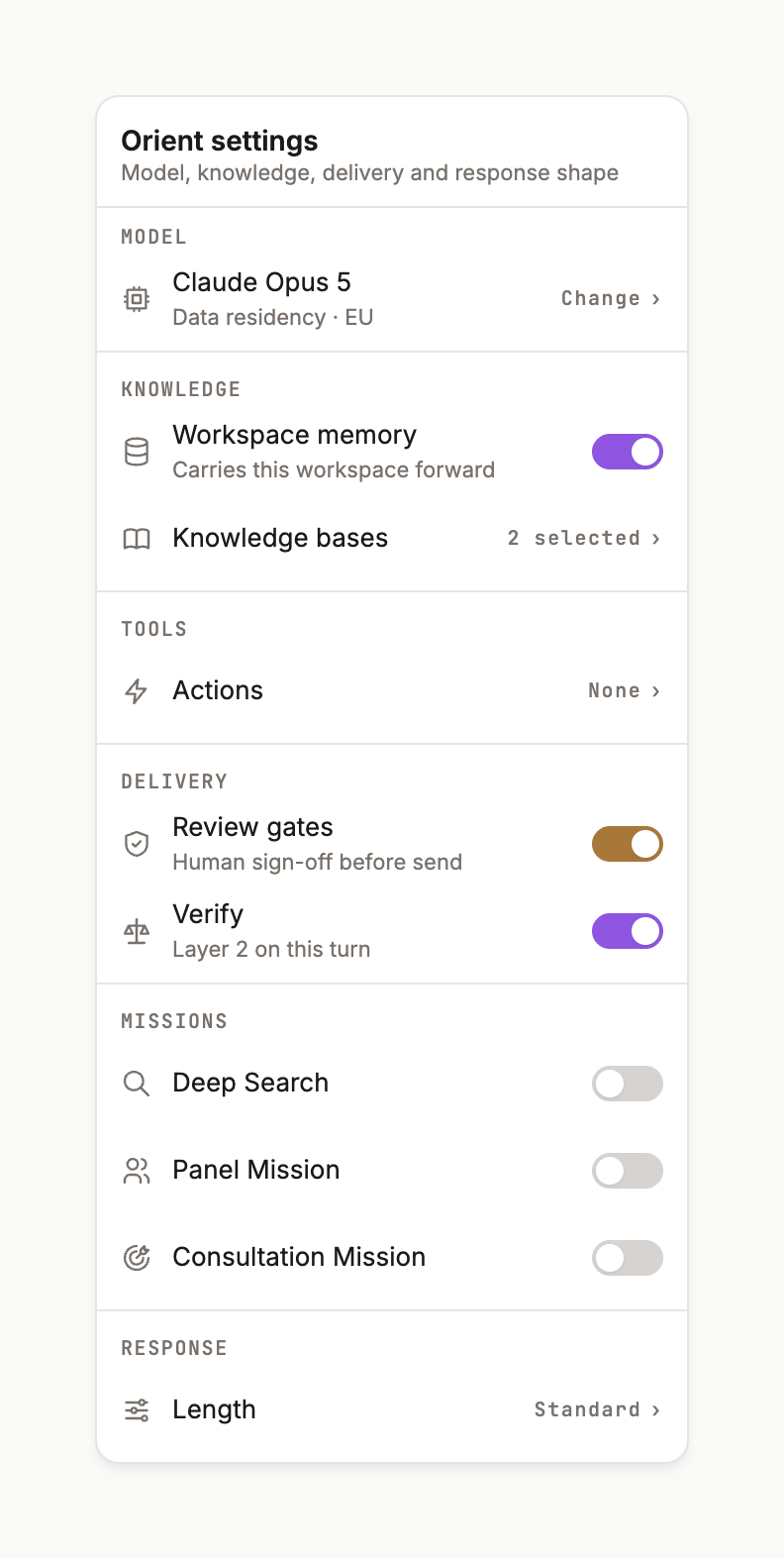 The Orient settings popover with Model, Knowledge, Tools, Delivery, Missions and Response sections