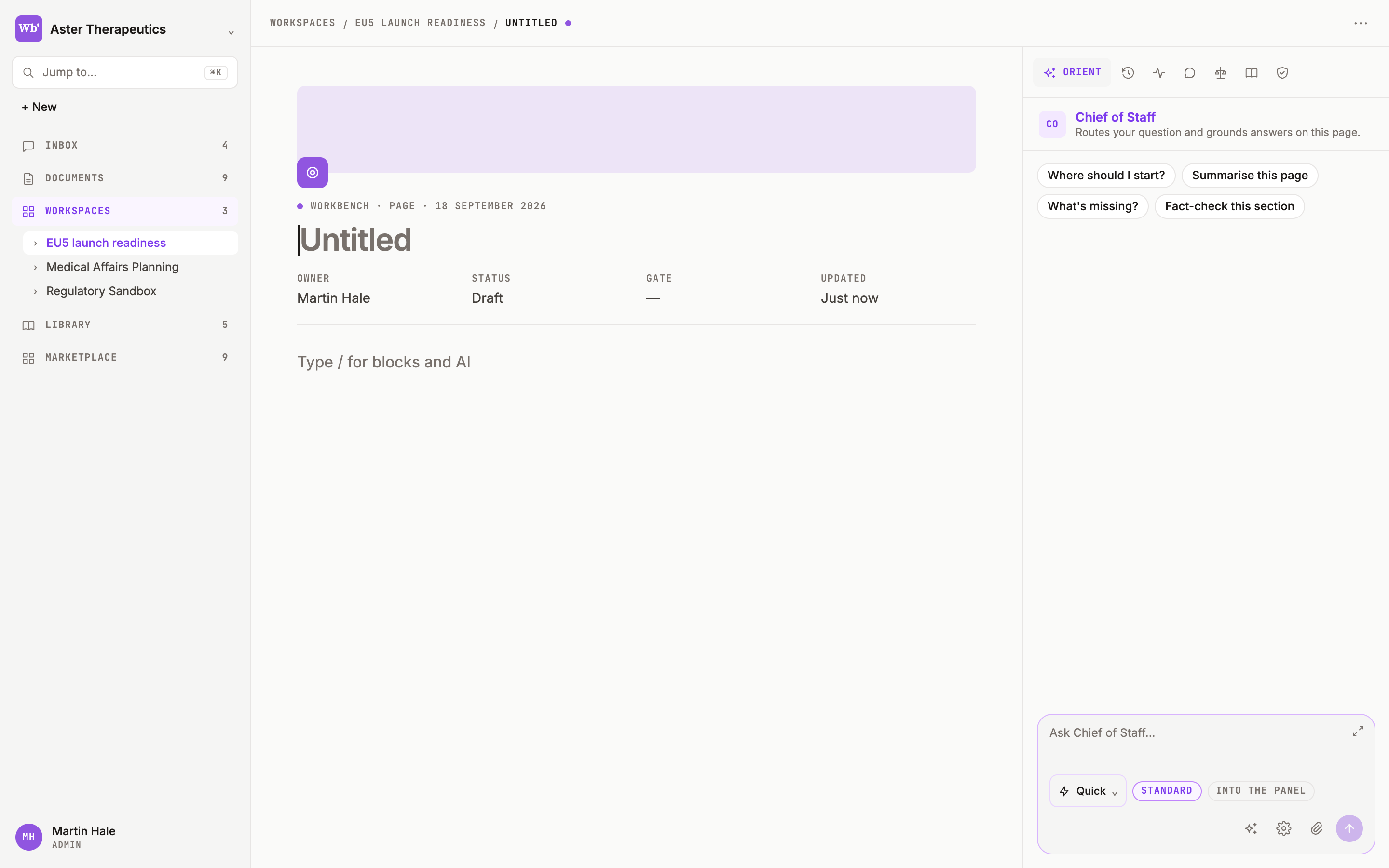 A new page with the title field focused and the property grid below