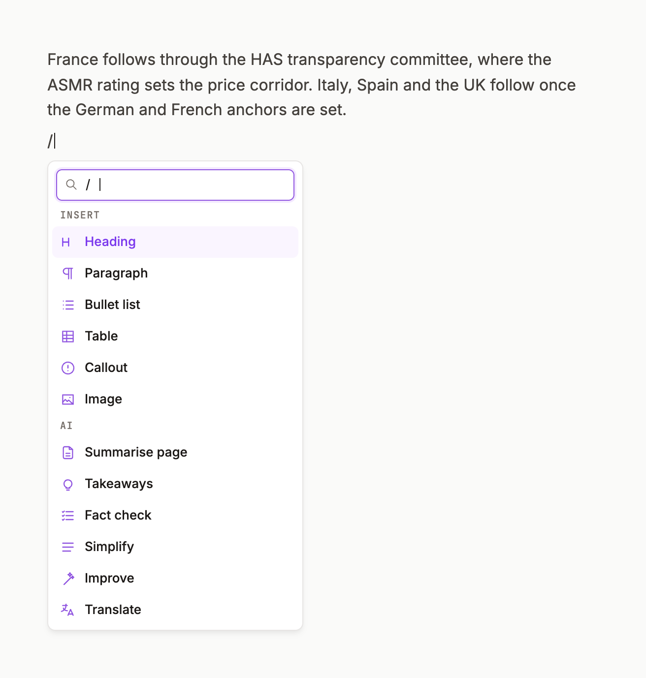 The / menu with Insert and AI groups