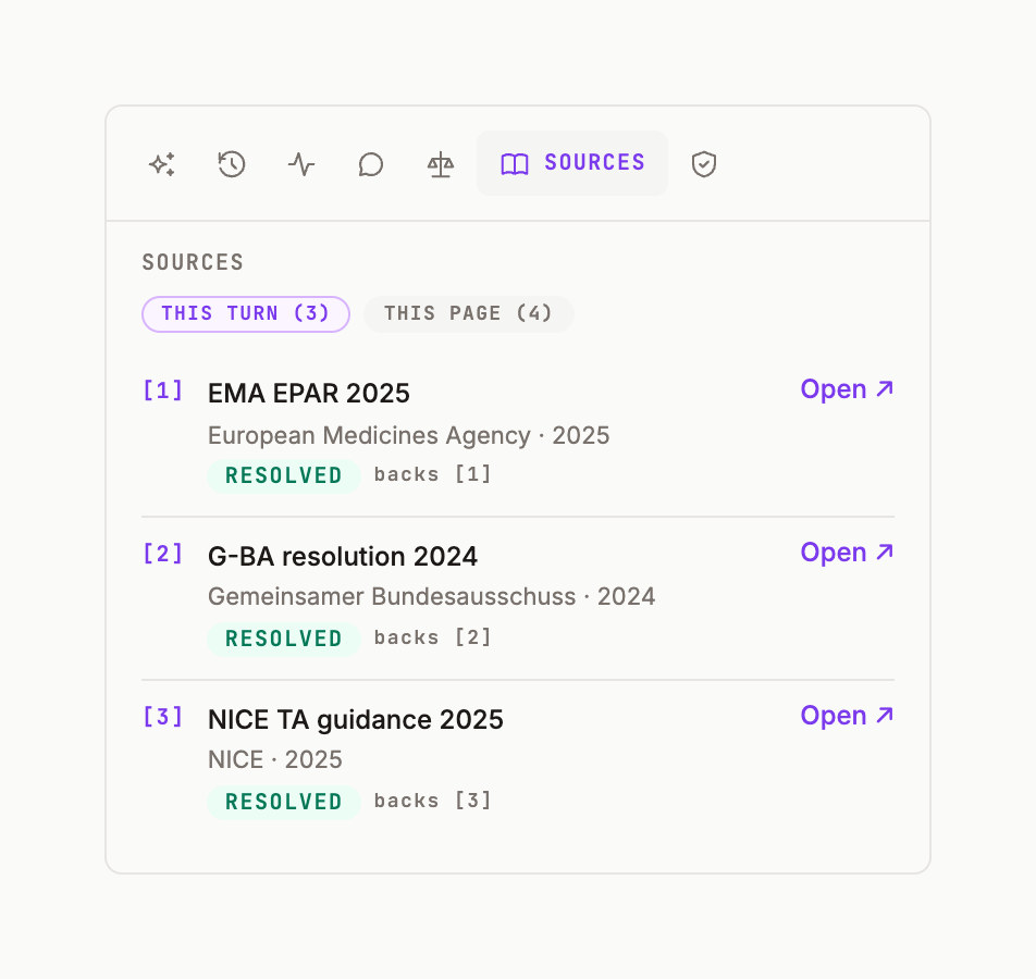 The Sources tab listing three resolved sources for this turn