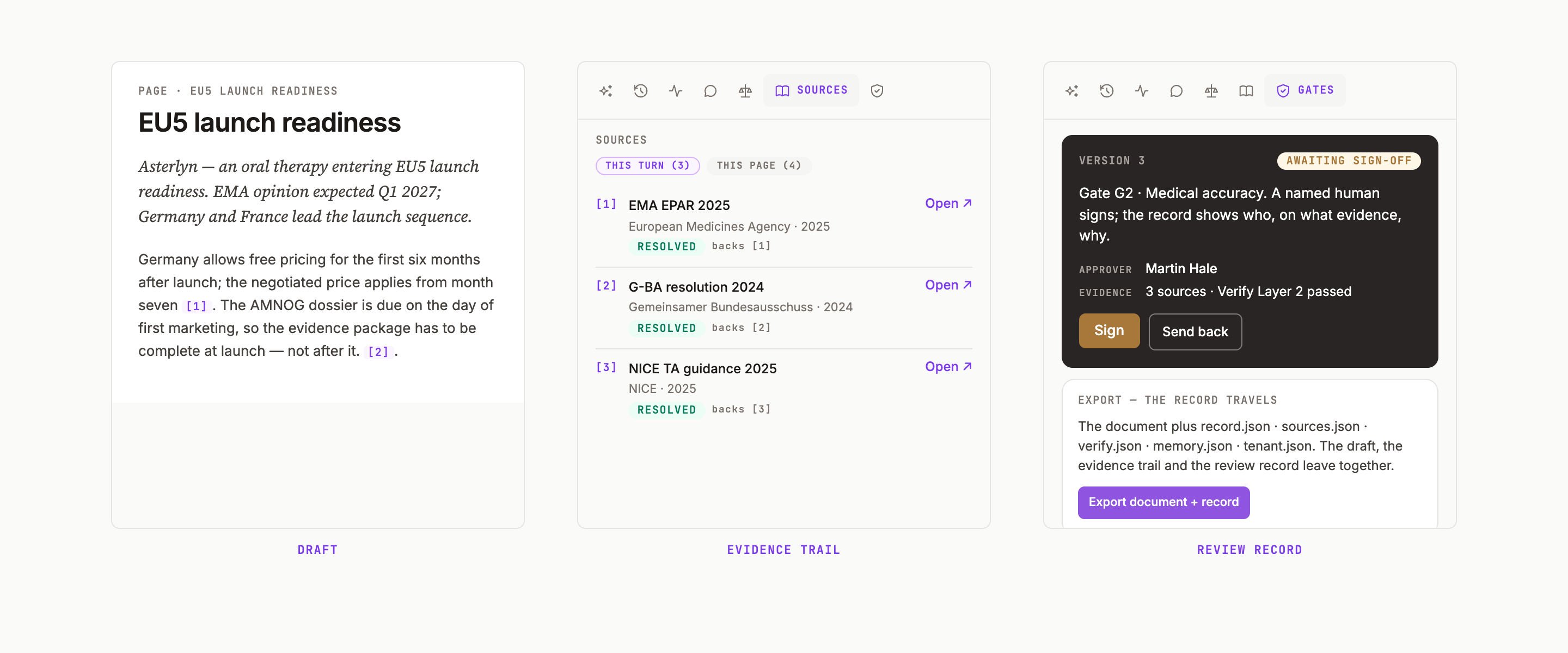 The page, the Sources tab and the Gates tab side by side