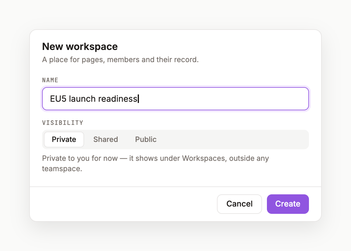 The New workspace dialog with the name field